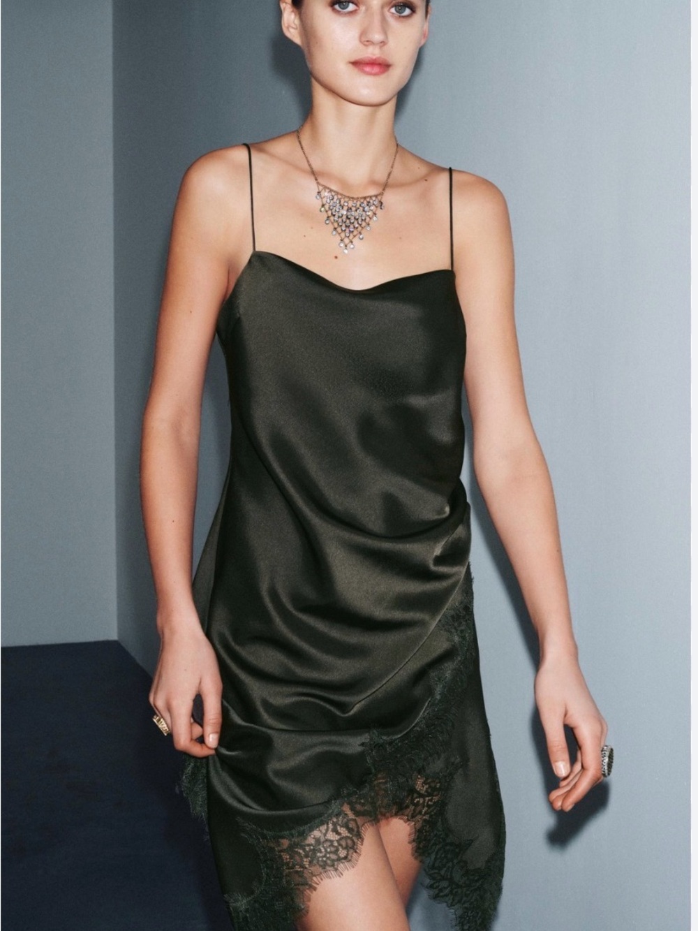 Zara Olive Green Satin Slip Dress with Lace Trim